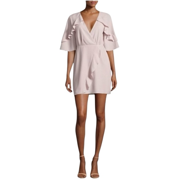 H by HALSTON Primrose Pink Flutter Sleeve Mini Dress | Wrap Surplice Ruffles 2 - Picture 1 of 8